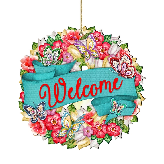 Designocracy Set of 2 Butterfly Floral Wreath "Welcome" Wooden Christmas Ornaments 5.5"