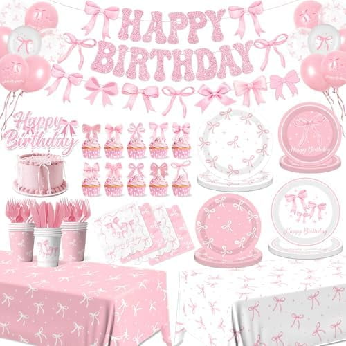 Pink Bow Birthday Party Supplies Serve 24, Plates/Cups/Banner, Girls/Bachelorette Decor | Home Decor