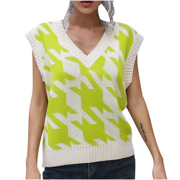 Women’s V Neck Knitted Sweater Vest Plaid Sleeveless Casual Loose Fit Comfy Waistcoat Pullover Knitwear Tank Top