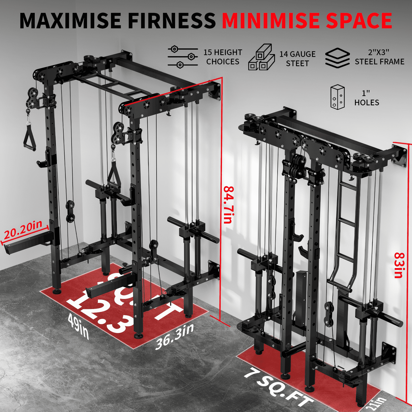 BOGYKIK H16 Folding Wall Mounted Power Rack with Dual Pulley System for Home Gym, Black