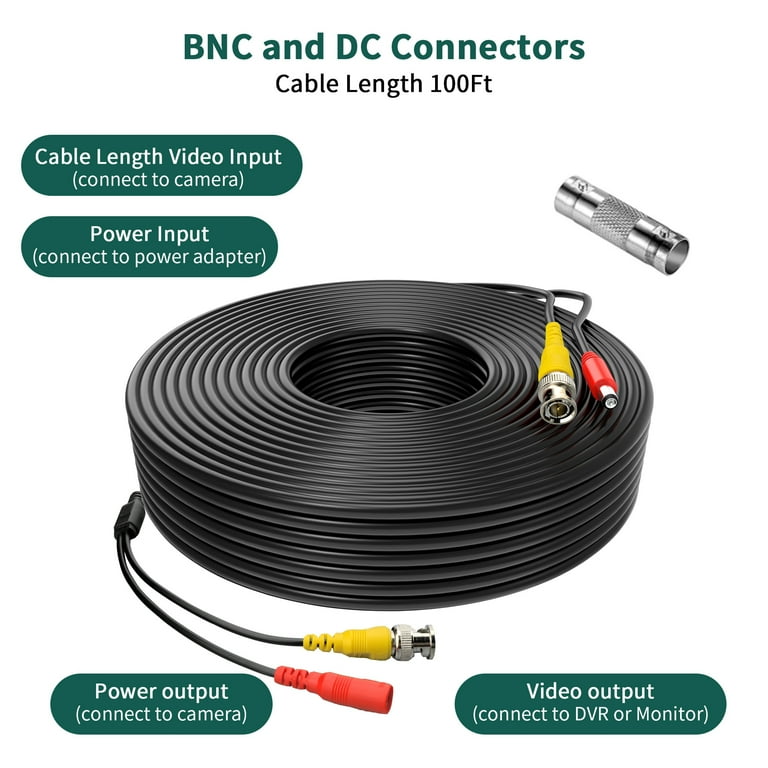 FITE ON 100FT Black CCTV Security Camera BNC Cable for CCTV
