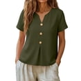 thumbnail image 4 of MaFYtyTPR Women Summer V-Neck Shirts Solid Color Cotton Linen Fashionable Button Loose Comfortable Tops A-Army Green L, 4 of 5