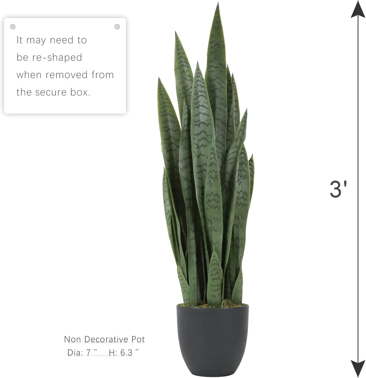 Garden 3ft Artificial Snake Plant Fake Sansevieria Indoor Outdoor, 28 Thick Leaves Lifelike Faux Silk Plant, Home Decor Mother in Law Tongue Plant 35in, with Black pot & Dry Moss Included, Green