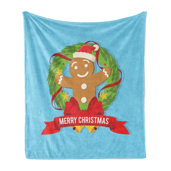 Christmas Soft Flannel Fleece Throw Blanket, Gingerbread Cookie Man inside of a Noel Wreath Dark Pink Ribbon Bells, Cozy Plush for Indoor and Outdoor Use, 50" x 60", Sky Blue Multicolor, by Ambesonne