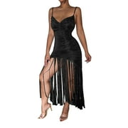 KALI_STORE Women's Formal Dresses Women's Spaghetti Straps Split Hem Sleeveless Zipper Bodycon Midi Dress Black,M