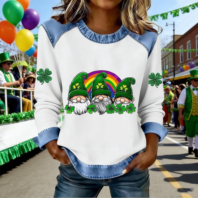 TaTaai Fashion St Patrick's Day Color Block Women's Long Sleeve Round Neck Shirt, Casual Comfort for Holiday Daily Home Wear Gift