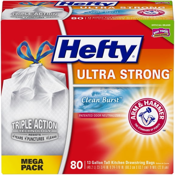 Hefty Ultra Strong Tall Kitchen Trash Bags, Clean Burst, 13 Gallon, 80 Count