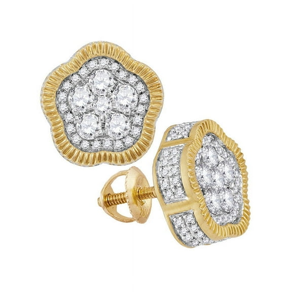 10kt Yellow Gold Mens Round Diamond Fluted Star Cluster Stud Earrings 1.00 Cttw