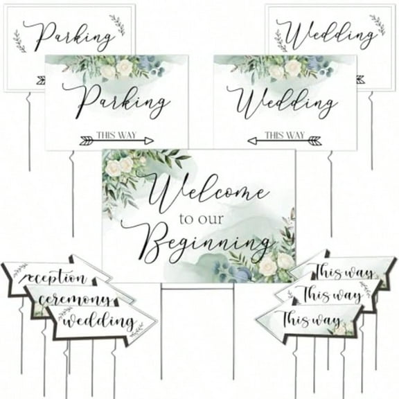 OurWarm 11 Pcs Wedding Direction Signs with Stakes Wedding Welcome Signs Arrow Shaped Wedding This Way Directional Road Signs Double Sided Printed Wedding Parking Sign Yard/Lawn Signs for Reception