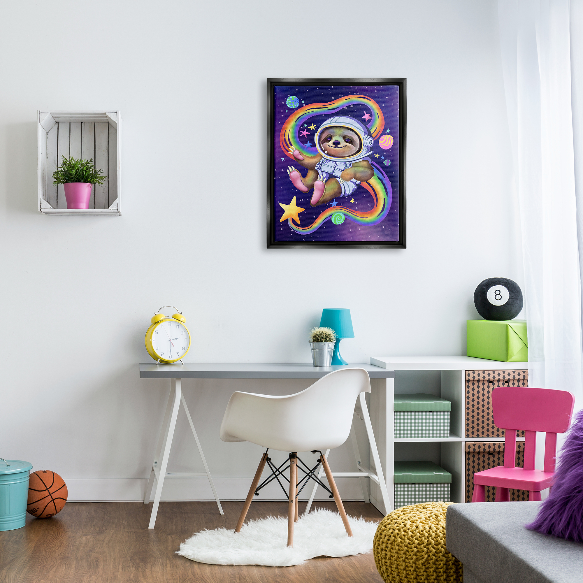 Stupell Industries Sloth in Outer Space Animals & Insects Painting Black Floater Framed Canvas Art Print Wall Art, 25 x 31