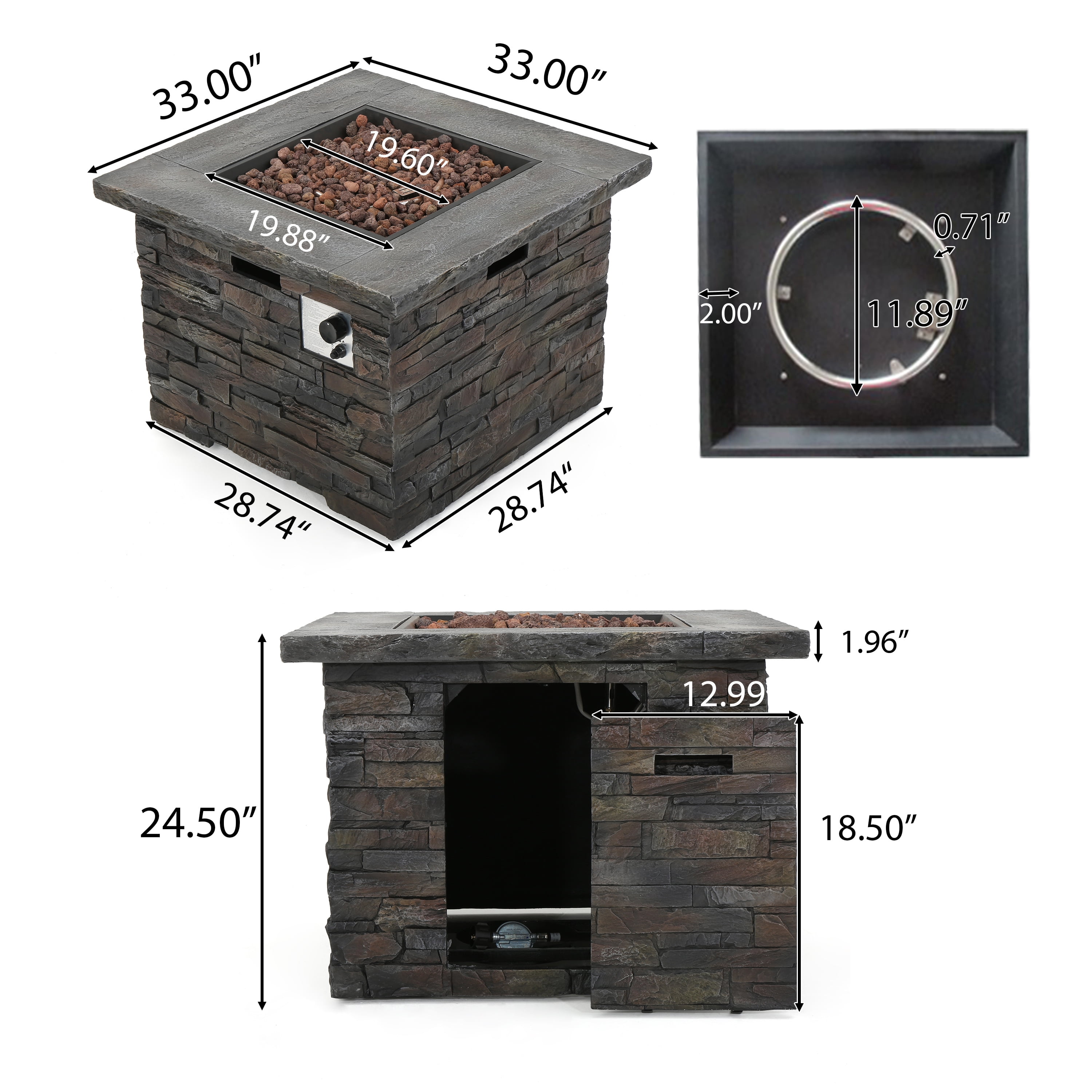 E-Western 35-Inch Square Magnesium Oxide Fire Pit 40000 BTU Outdoor Heater, Stone Gray, Lightweight, No Assembly Needed, Perfect for Patio & Garden | Fast Shipping