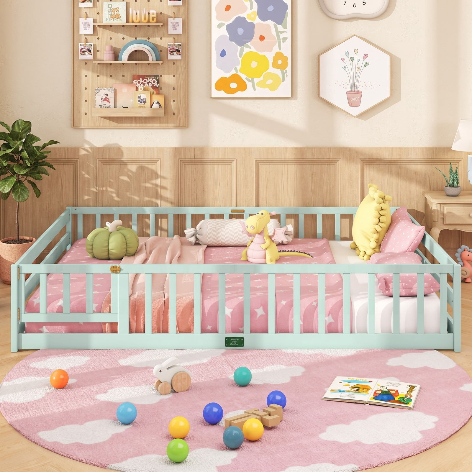 Furnibear Queen Bed Frame, Montessori Floor Bed with Full Length Safety Guardrails and Lockable Gate, Queen Wood Floor Bed for Kids Room, Mint Green