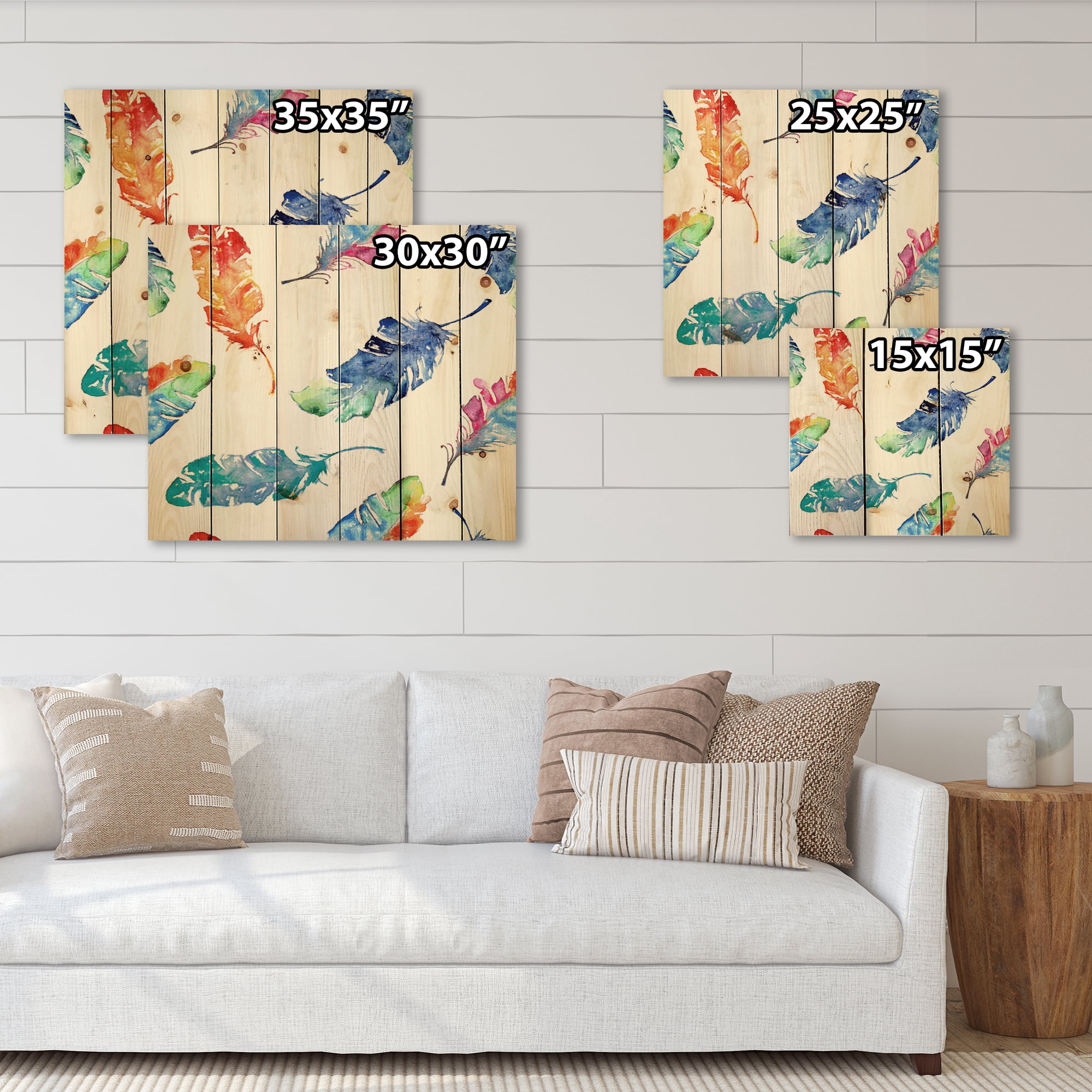 Designart 'Ethnic Colorful Feathers' Bohemian & Eclectic Print on Natural Pine Wood