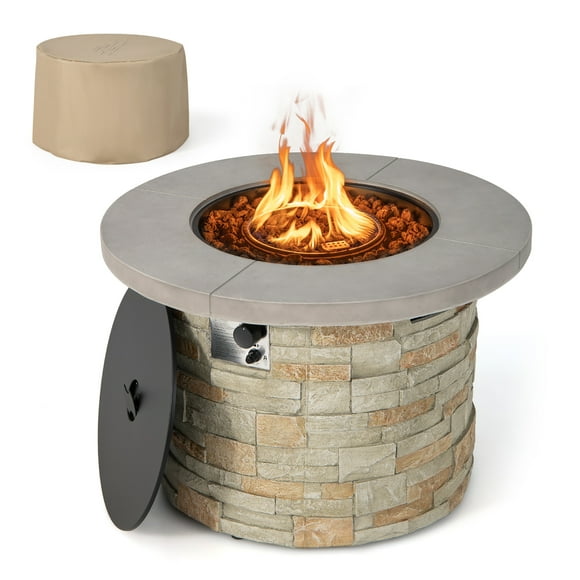 Costway 36" Round Propane Gas Fire Pit Table Faux Stone w/ Lava Rock PVC cover