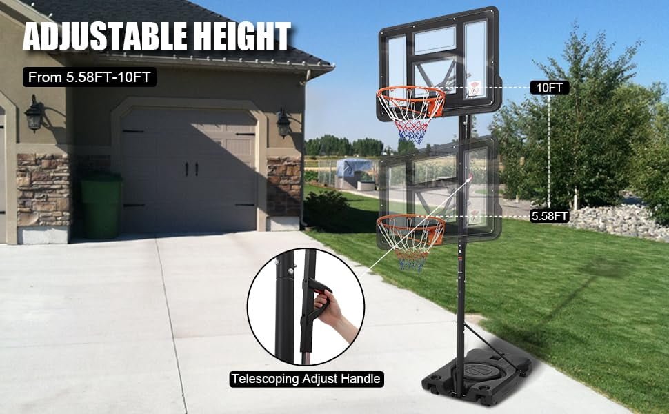 Luku Outdoor Basketball Hoop, 4.43-10ft Adjustable, Portable Basketball Hoops & Goals for Adults in Backyard/Driveway/Indoor, with Enlarged Base and PC Backboard, Customized for Family