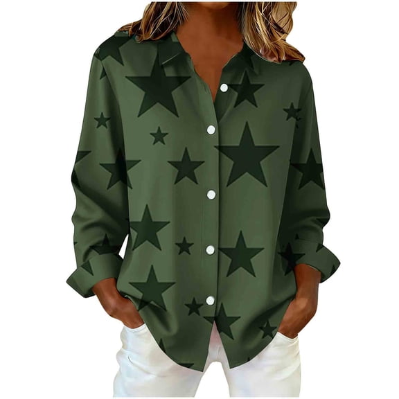 Perfectbot Women's Plus Size Stars Graphic Button Down Shirt - Long Sleeve Dressy Collared Business Casual Blouse