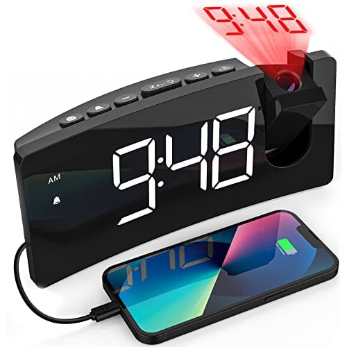Reloj Despertador Proyector, LED Brillante, Cargador USB, Volumen Progresivo, 9mins Snooze, 12/24H