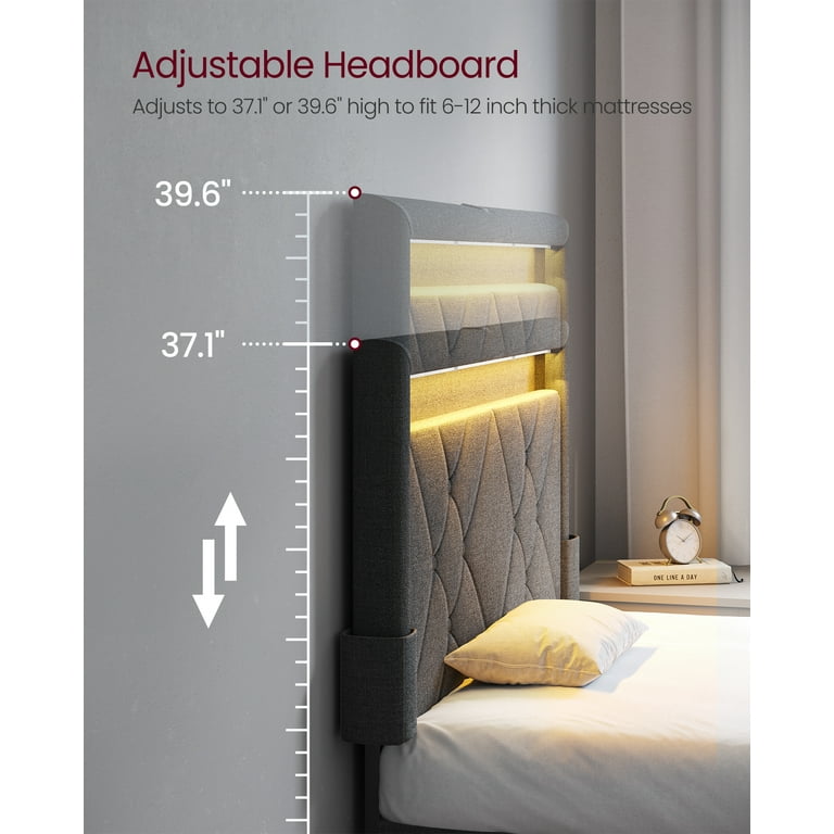 VASAGLE Twin LED Bed Frame, Adjustable Upholstered Headboard