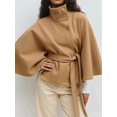 thumbnail image 4 of Ponchos con Mangas de Murciélago para Mujer, Abrigo de Lana con Cuello Alto y Cinturón, Chaqueta Corta de Invierno Caqui S, 4 of 6