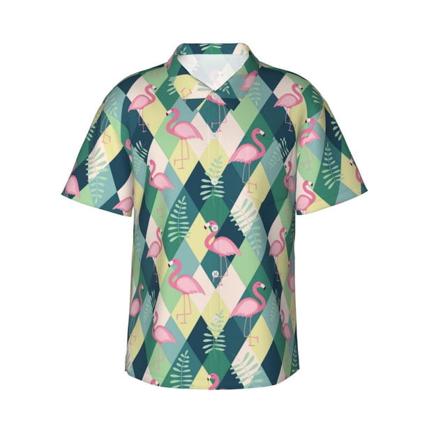 Balery Flamingo Camisas hawaianas de manga corta para hombre, camisas playeras de corte holgado, camisas de vacaciones con botones,Small