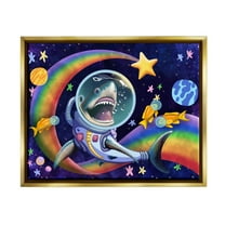 Stupell Industries Shark in Outer Space Animals & Insects Painting Gold Floater Framed Canvas Art Print Wall Art, 21 x 17