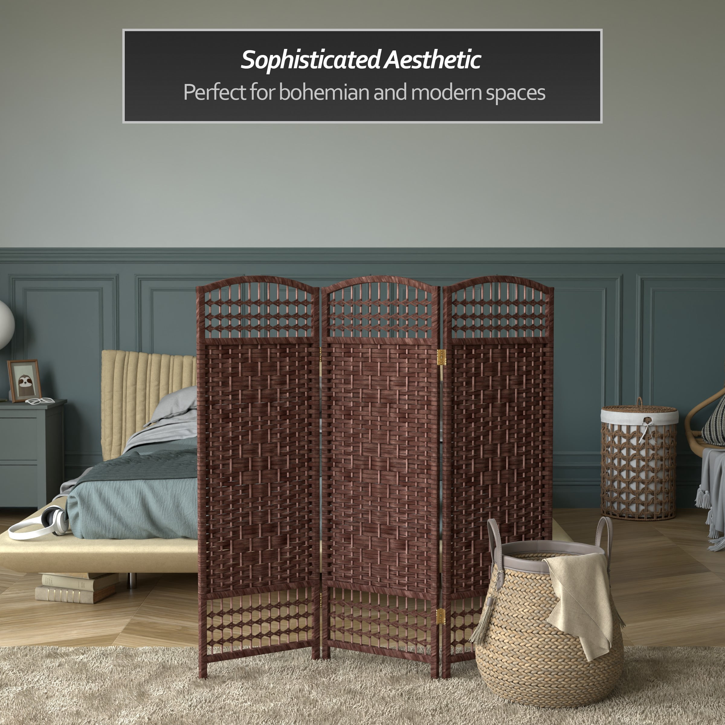 Red Lantern 4 ft. Folding Screen Room Divider - Short Fiber Weave, Dark Red, 3 Panels