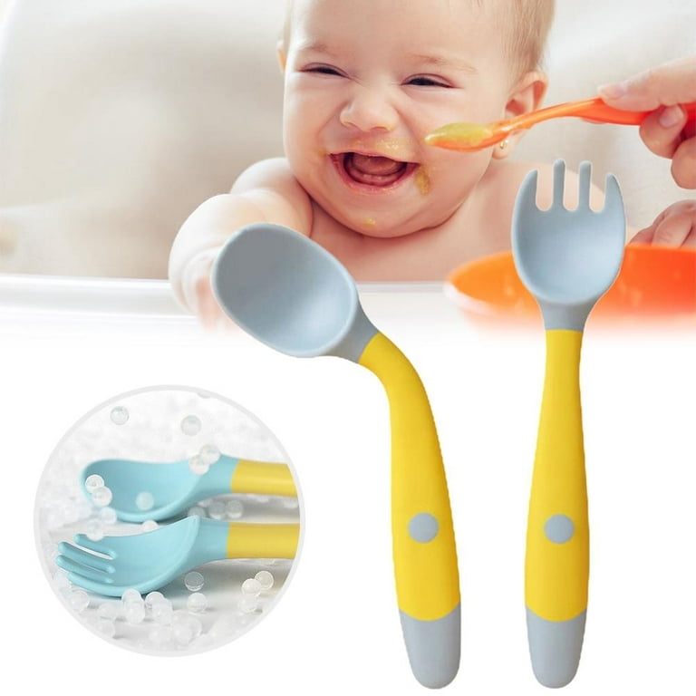 Toddler Utensils with Travel Case, Baby Spoon and Fork Set for Self-Feeding  Learning Bendable Handle Silverware for Kid Children (Yellow)