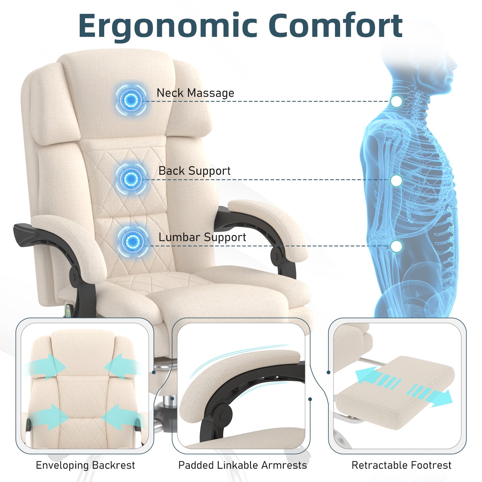 6-Point Massage Office Chair with Heat, Ergonomic Reclining Desk Chair with Footrest, Soft Chenille Fabric Executive Chairs for Home Office, Comfortable Computer Chair Gift for Women, Beige