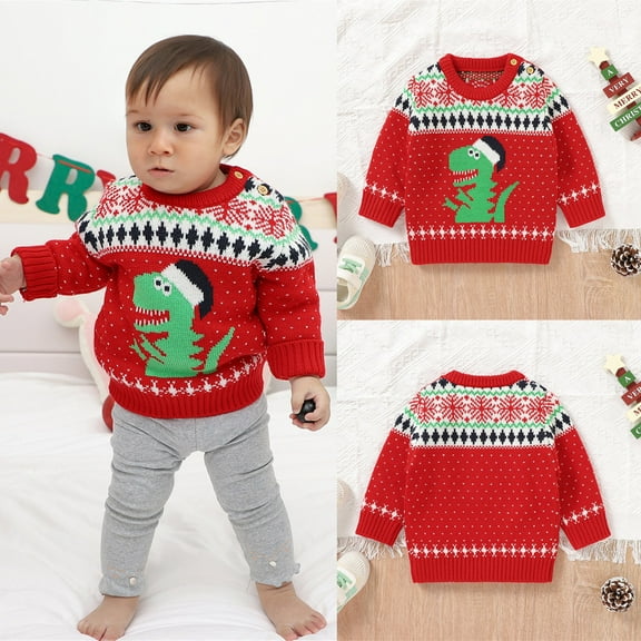 JAHH Baby Girl Christmas Dinosaur Sweater, Cute Knitted Pullover Long Sleeve Top, Warm Winter Family Matching Style for Toddler Boy, Festive Holiday Design