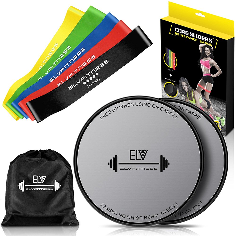 ELV Rubber Exercise Band Fitness Set with Sliders 5 Bands + 2 Discs