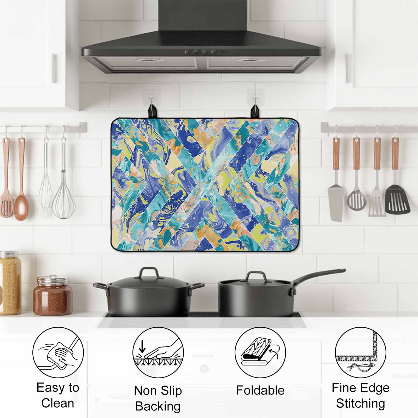 Blue Teal Geometric Stove Top Cover for Electric Stove, Heat-proof & Non Slip Glass Top Stove Cover Protector, Grey Marble Abstract Art Modern Kitchen Flat Cooktop Rubber Mat 24x21 Inches