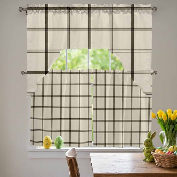 Black Buffalo Plaid Swag Curtains Valance & Tier Set, Farmhouse Vintage Linen Black Stripes 3 Pcs Set Kitchen Swag Valances and Tiers 36 Inch Length Rod Pocket Curtain Drapes for Bedroom
