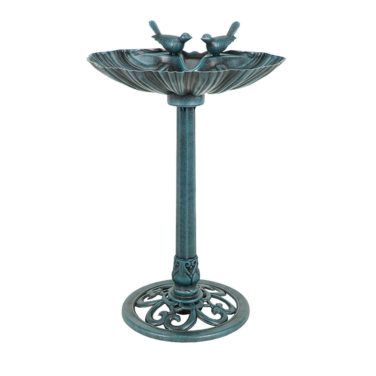 Westcharm 29 Inch Lightweight Poly Resin Outdoor Birdbath for Outside with Decorative Birds and Pedestal Base Stand - Verdigris Green