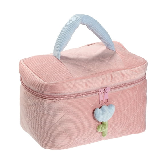 Vocoste 1 Pc Corduroy Makeup Bag Large Cosmetic Bag Aesthetic Cute Tulip Flower Pattern Makeup Bag Pink