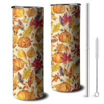 20oz Fall Pumpkins and Autumn Leaves Pattern Skinny Tumblers Stainless Steel Tumbler with Lid and Straw,Vacuum Insulated Double Wall Travel Tumbler Cups with Cleaning Brush for Coffee,Tea