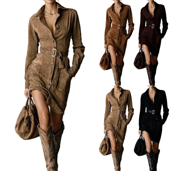 Women's Fashion Retro Shirt Dress Single-Breasted Lapel Long Sleeve Mid-Length Belt Pocket Solid Color for Winter Style and Office Wear,Black,L