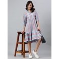 thumbnail image 3 of Janasya Summer 3/4 Sleeve Striped Blue Cotton Ruffled Midi Dress For Women, 3 of 7