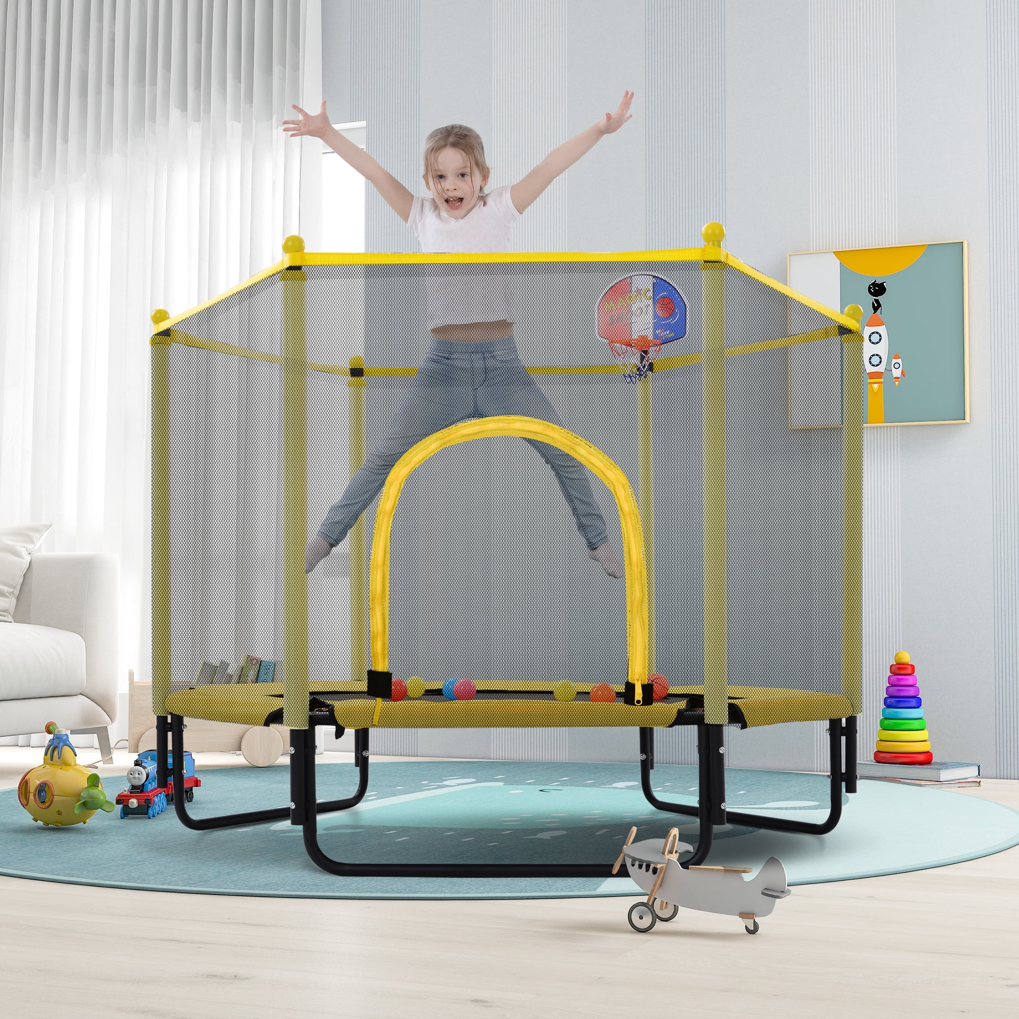 Piscis 5FT Trampoline with Safety Enclosure for Kids, Indoor Outdoor Mini Toddler Trampoline with Basketball Hoop, Birthday Gifts Toys for Boys Girls, Yellow
