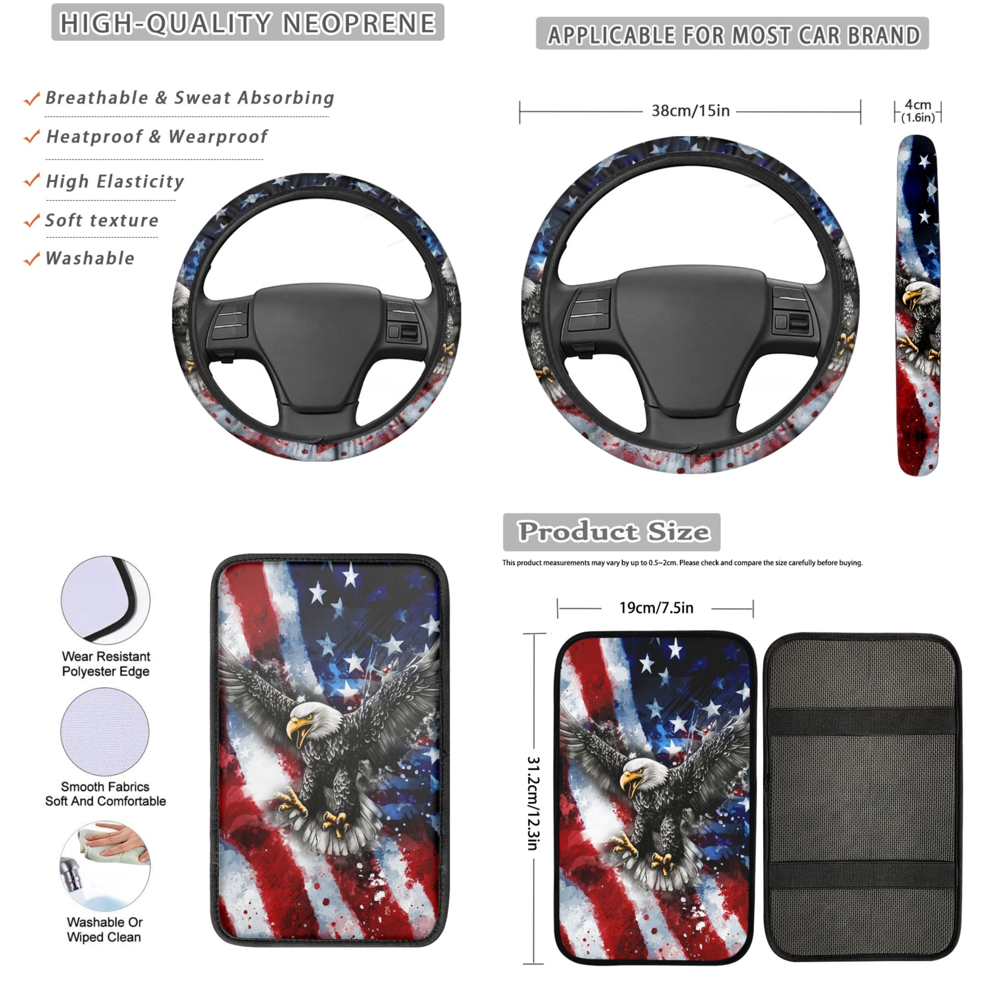 Jeiento Eagle Car Seat Covers Full Set Auto Interior Accessories 13 Pcs American Flag Car Accessories with Steering Wheel Cover, Seat Belt Pads, Armrest Cover, Keychains, Lipstick Holder