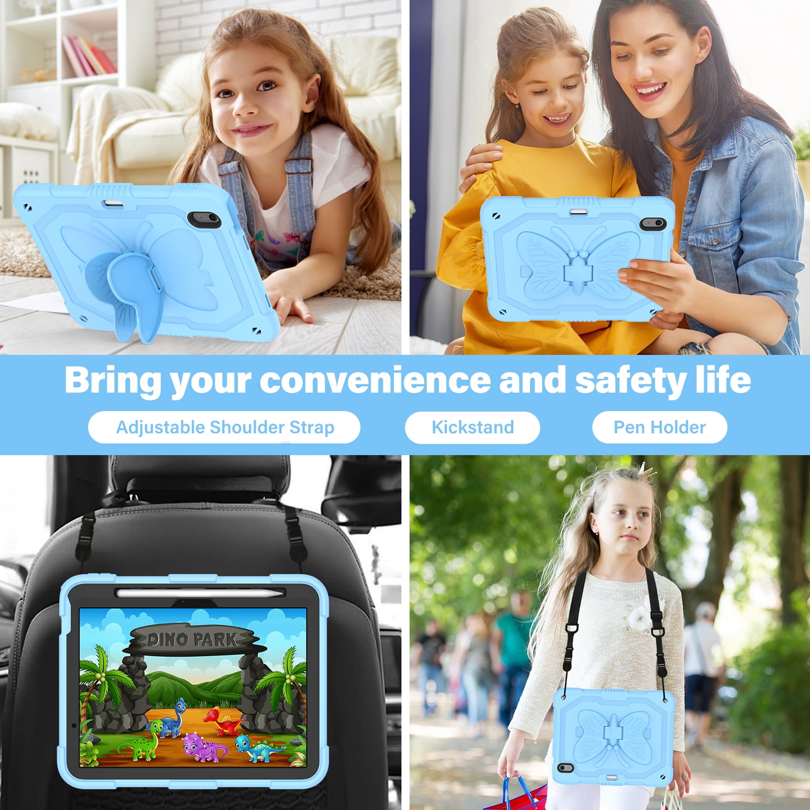 For iPad A16 11th 10th Generation 2025/2022 Case, Rugged Hybrid Cover with Butterfly Wings Hidden Kickstand Pencil Holder Adjustable Shoulder Strap Drop Resistant Anti-Scratch Fashion Case,Blue