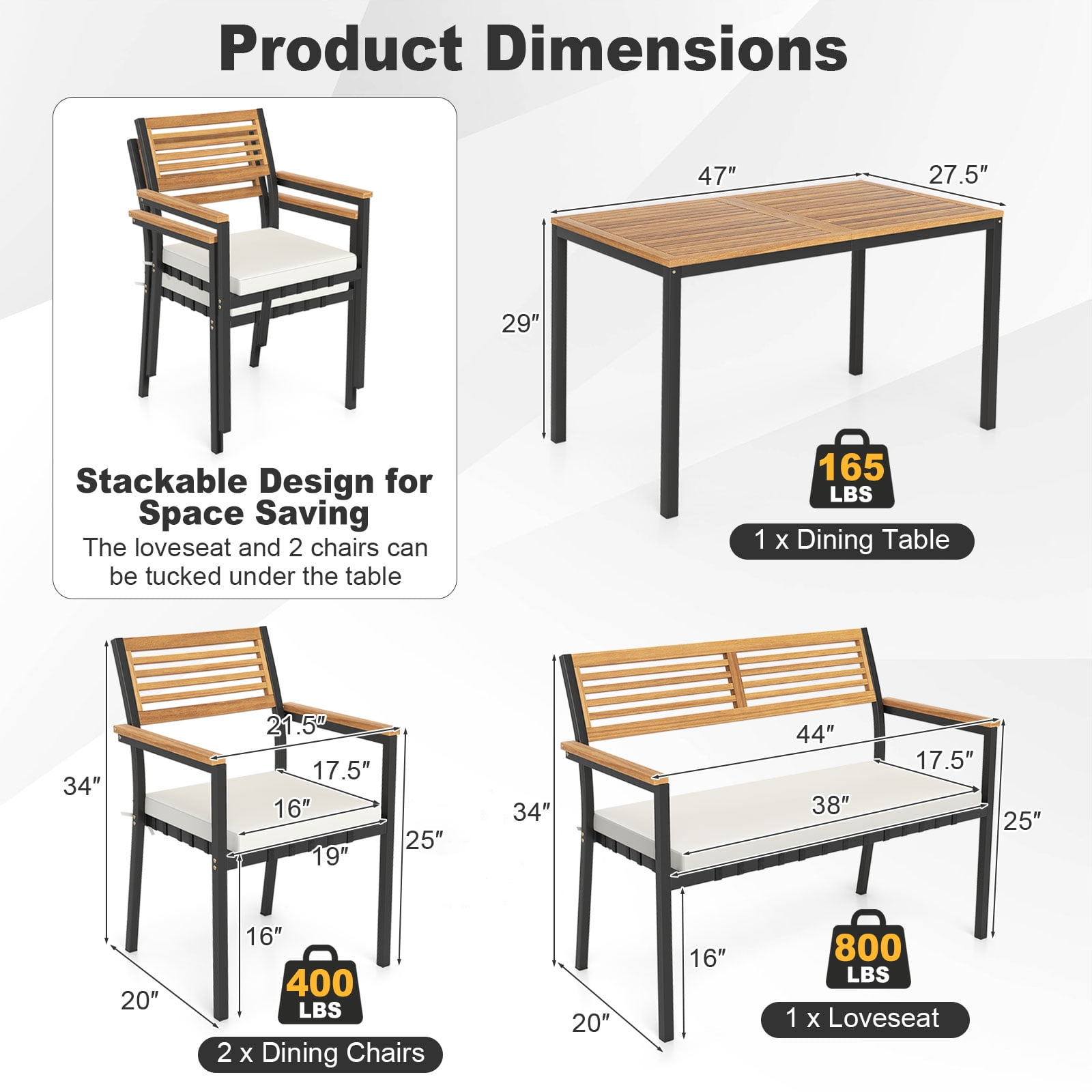 Costway 4 PCS Patio Furniture Set with Acacia Wood & Metal Frame Umbrella 1 table