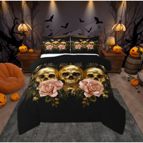 Manfei Black Gold Skeleton Teens Full Size Comforter Sets, Vintage Countryside Floral Bedding Comforter Set, Hippie Butterfly Reversible Bedding Sets, Breathable Home Decor, 3 Pieces