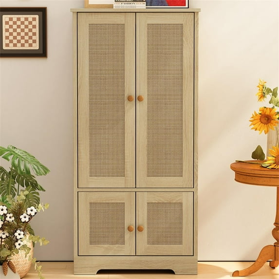 Kepooman 47.5" Tall Rattan Storage Cabinet, Kitchen Pantry Cabinet with 4 Doors for Living Room, Natural
