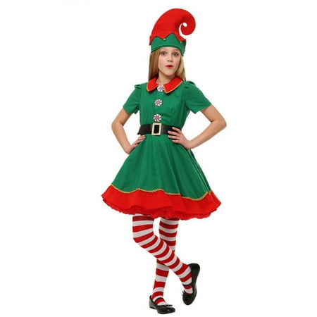 

CenturyX Christmas Elf Outfits for Family Short Sleeve Dress Pants Over the Kneel with Hat Belt and Socks for Cosplay Green Girl 3-4 Years
