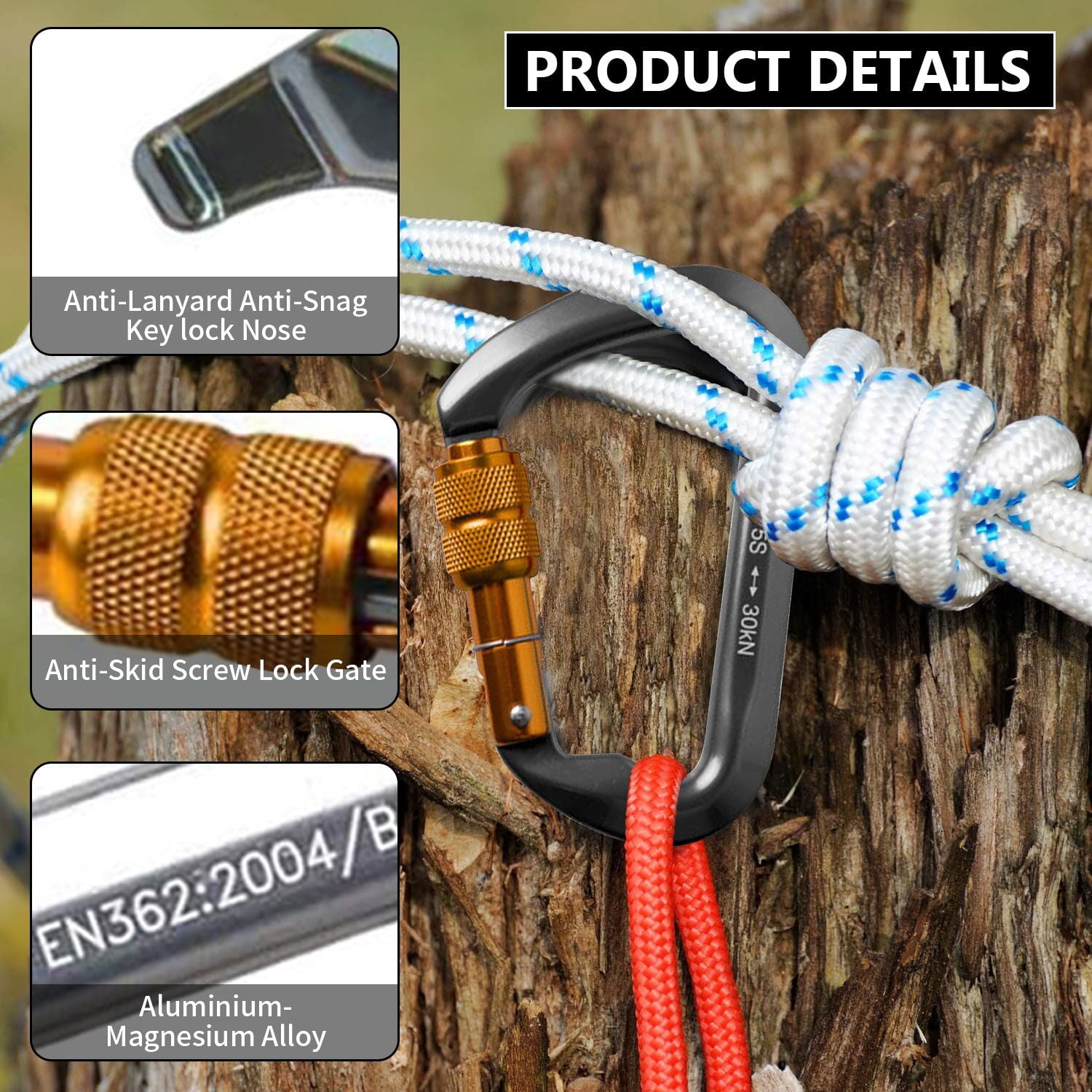 Aluminum Carabiner Clip, Heavy Duty Carabiners with Screw Gate 30kN D Ring Locking Carabiner for Hiking Camping Fishing and Outdoor Use(3 PCS)