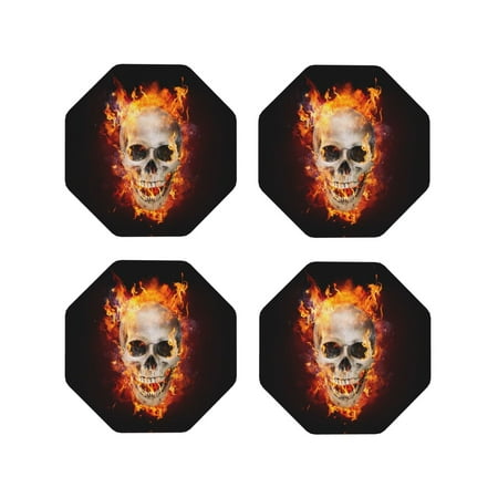 

Leather Coasters Set of 4 - Satanic Skull Flames Darkness Lightweight Non-Slip Drink Coasters for Desk Anti-Scalding Desk Cup Coasters for Office Table Decor Octagon