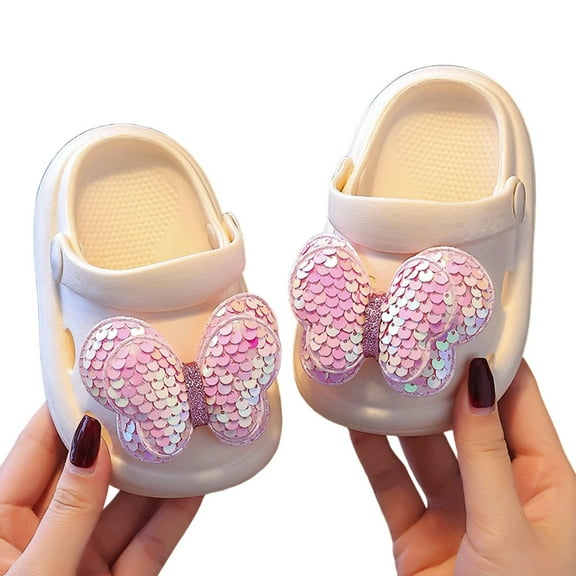 Boys Slippers For Toddlers Soft Sole Slides With Glitter Bow Design Summer Shoes For Kids Casual Boys Slippers White 18CM