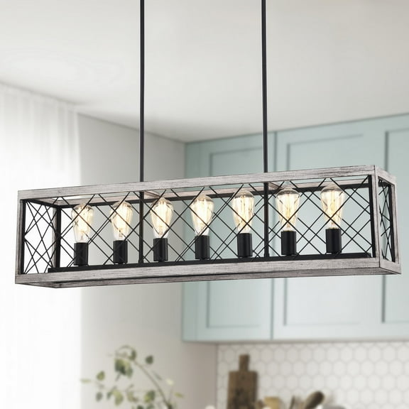 Twinkle 40 in. 7-Light Indoor Matte Black and Faux Wood Grain Finish Chandelier with Light Kit