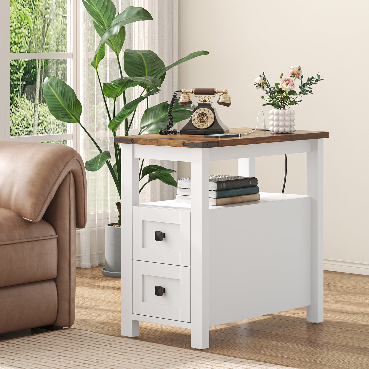 Frmobepts End Table with Charging Station, Farmhouse Rustic Wood Side Table for Living Room, Bedroom, White