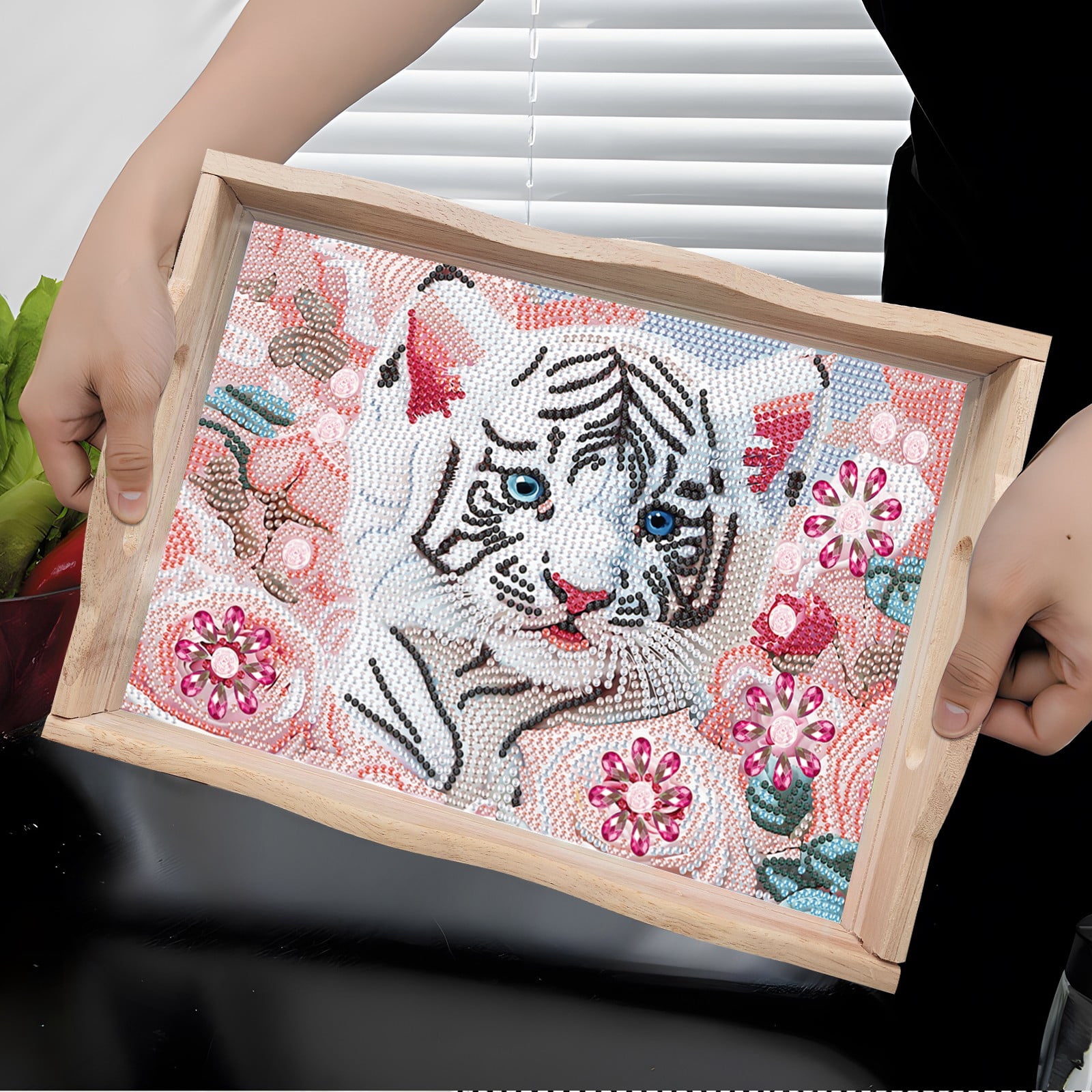FLOPESN DIY White Tiger Dot Diamond Painting Tray, 11.81*7.87 inch, Creative Design Handmade Wooden Tray Dinner Plate diamond art kit